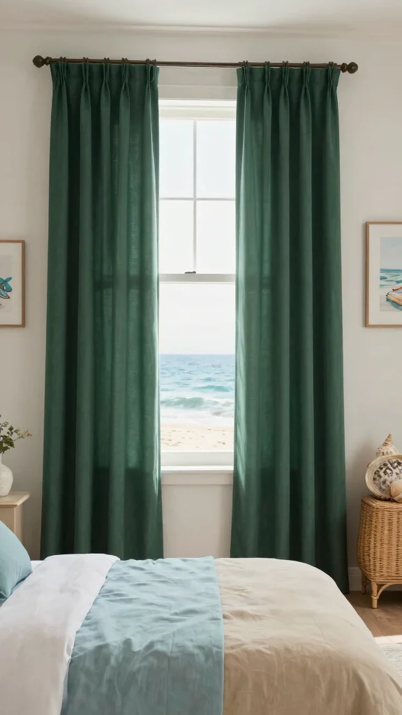 17 Dark Green Curtains Bedroom Ideas for a Cozy Atmosphere - 10. Coastal Inspiration 1