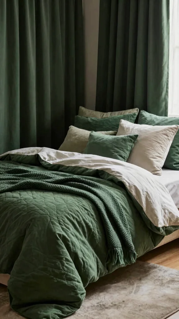 17 Dark Green Curtains Bedroom Ideas for a Cozy Atmosphere - 13. Layered Bedding 1