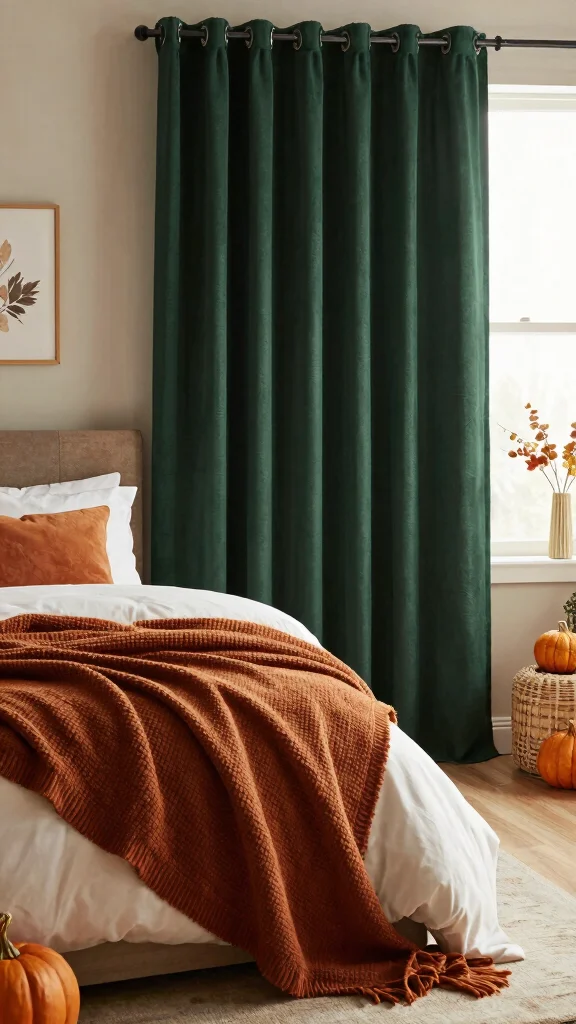 17 Dark Green Curtains Bedroom Ideas for a Cozy Atmosphere - 16. Seasonal Decor 1