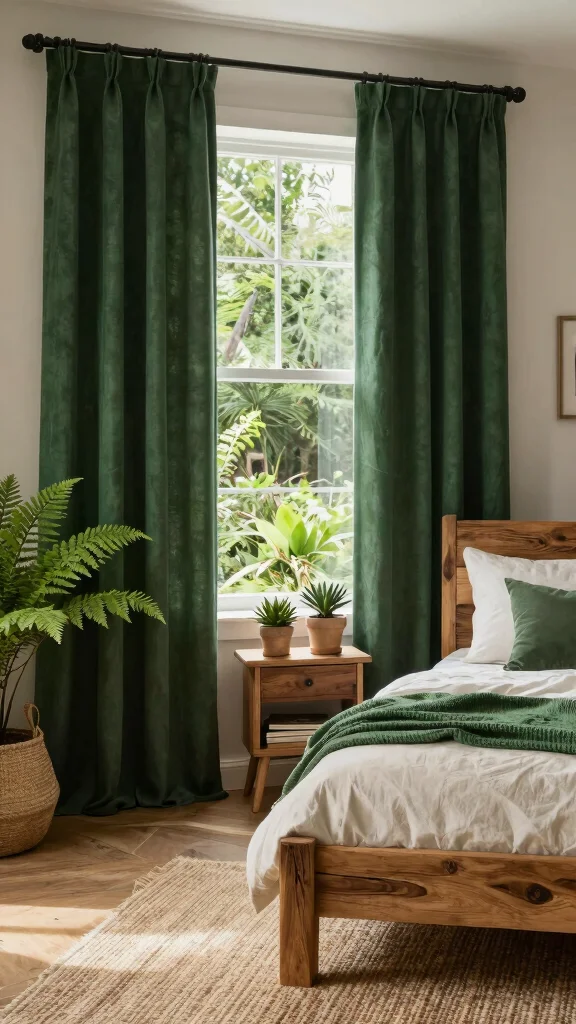 17 Dark Green Curtains Bedroom Ideas for a Cozy Atmosphere - 3. Nature-Inspired Accents 1