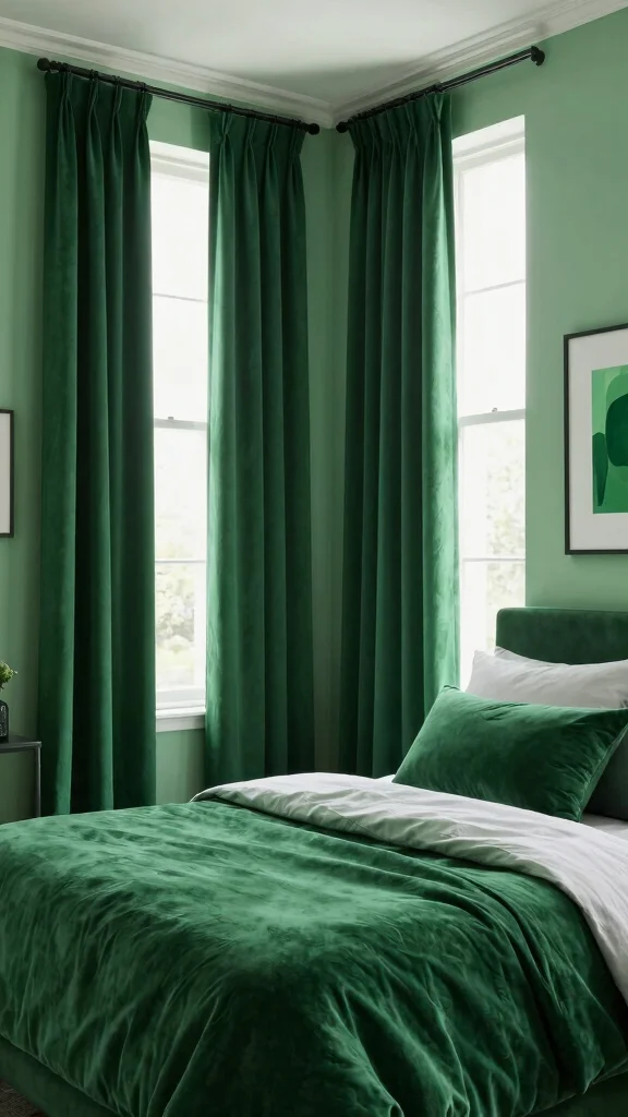 17 Dark Green Curtains Bedroom Ideas for a Cozy Atmosphere - 5. Bold Monochrome 1