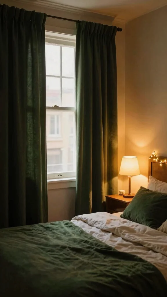 17 Dark Green Curtains Bedroom Ideas for a Cozy Atmosphere - 8. Soft Lighting 1