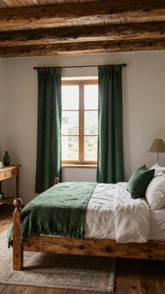 17 Dark Green Curtains Bedroom Ideas for a Cozy Atmosphere - 9. Rustic Vibes 1