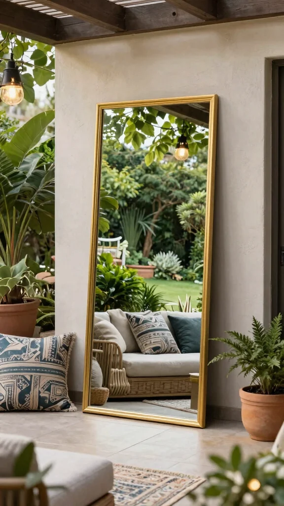 17 Gold Mirrors on Wall Ideas for a Luxe Touch - 15. Gold Mirrors in Outdoor Spaces 1