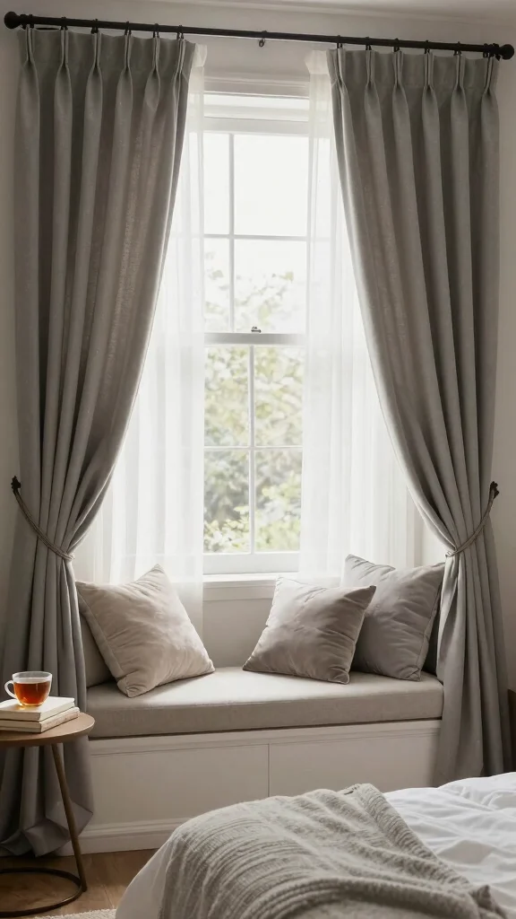17 Grey and White Curtains Bedroom Ideas for a Timeless Style - 16. Window Seat Elegance 1