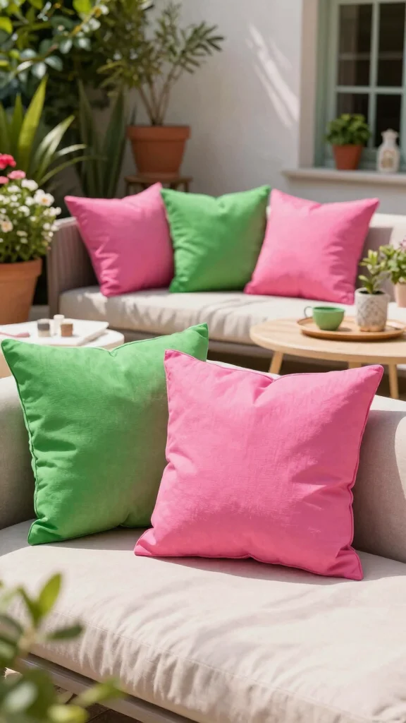 17 Pink and Green Throw Pillows Ideas for a Fresh Pop of Color - 12. Outdoor Comfort 1
