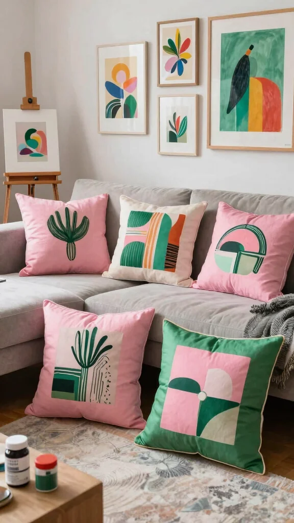 17 Pink and Green Throw Pillows Ideas for a Fresh Pop of Color - 13. Artistic Touches 1