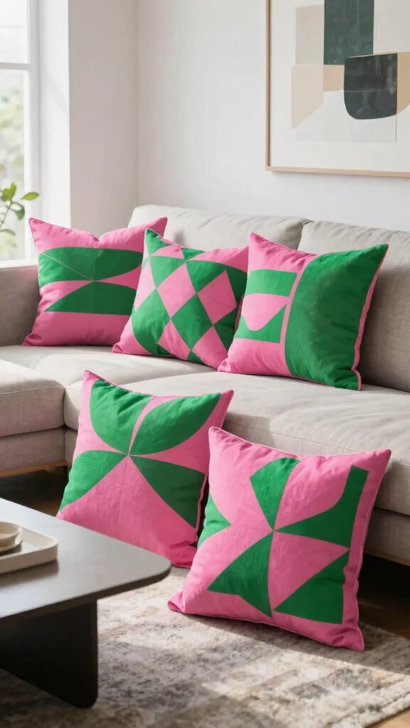 17 Pink and Green Throw Pillows Ideas for a Fresh Pop of Color - 4. Geometric Designs 1