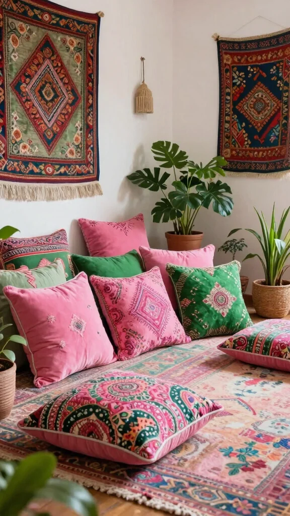 17 Pink and Green Throw Pillows Ideas for a Fresh Pop of Color - 9. Bohemian Flair 1