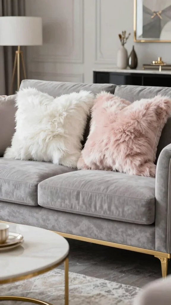 17 Throw Pillows for Gray Couch Ideas Designers Love - 13. Faux Fur for Glam 1