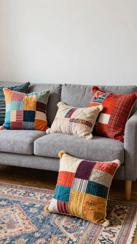 17 Throw Pillows for Gray Couch Ideas Designers Love - 9. Patchwork Pillows 1