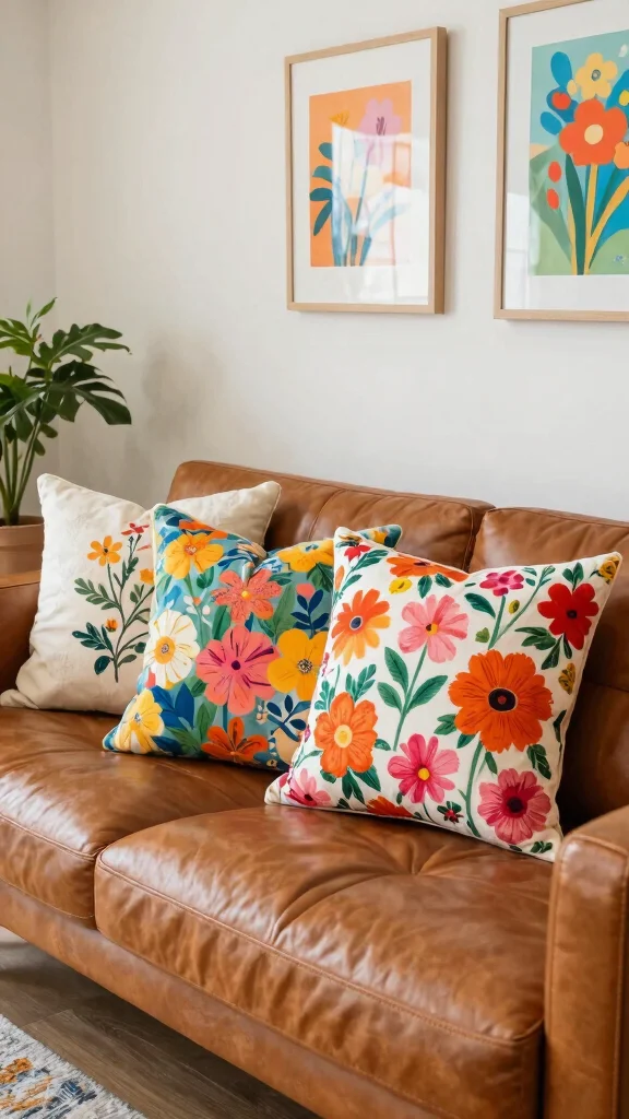 17 Throw Pillows for Leather Couch Ideas That Add Warmth - 10. Bright Floral Statements 1