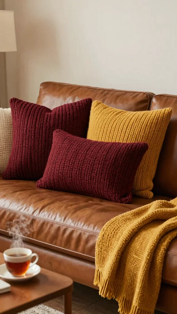 17 Throw Pillows for Leather Couch Ideas That Add Warmth - 11. Chunky Knits for Coziness 1