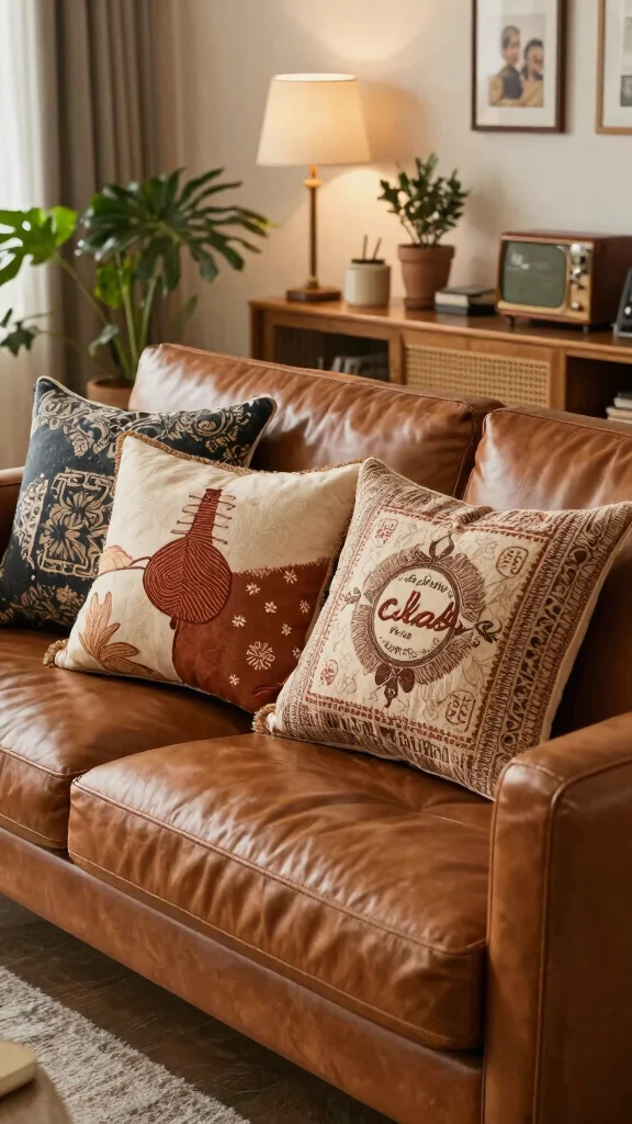17 Throw Pillows for Leather Couch Ideas That Add Warmth - 12. Vintage Finds with Character 1