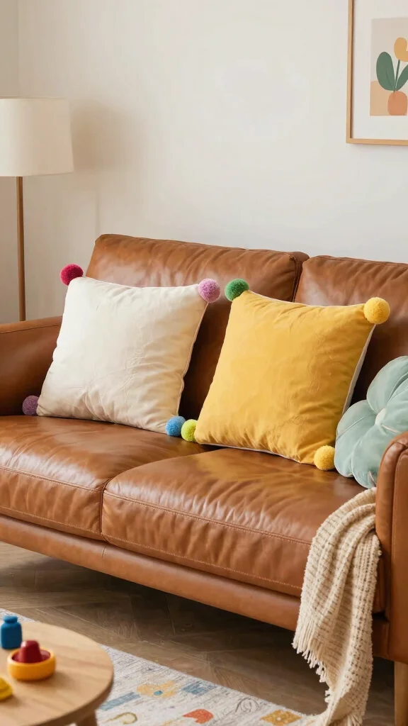 17 Throw Pillows for Leather Couch Ideas That Add Warmth - 13. Playful Pom-Poms 1