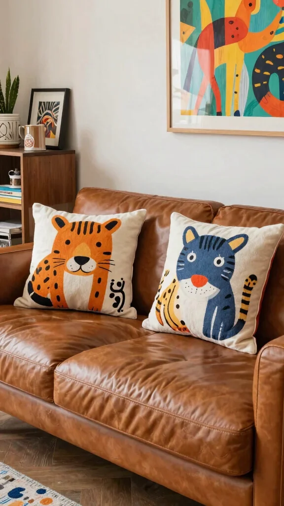 17 Throw Pillows for Leather Couch Ideas That Add Warmth - 15. Whimsical Animal Prints 1