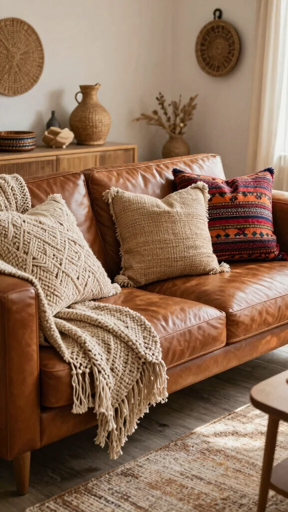 17 Throw Pillows for Leather Couch Ideas That Add Warmth - 2. Boho Textured Layers 1