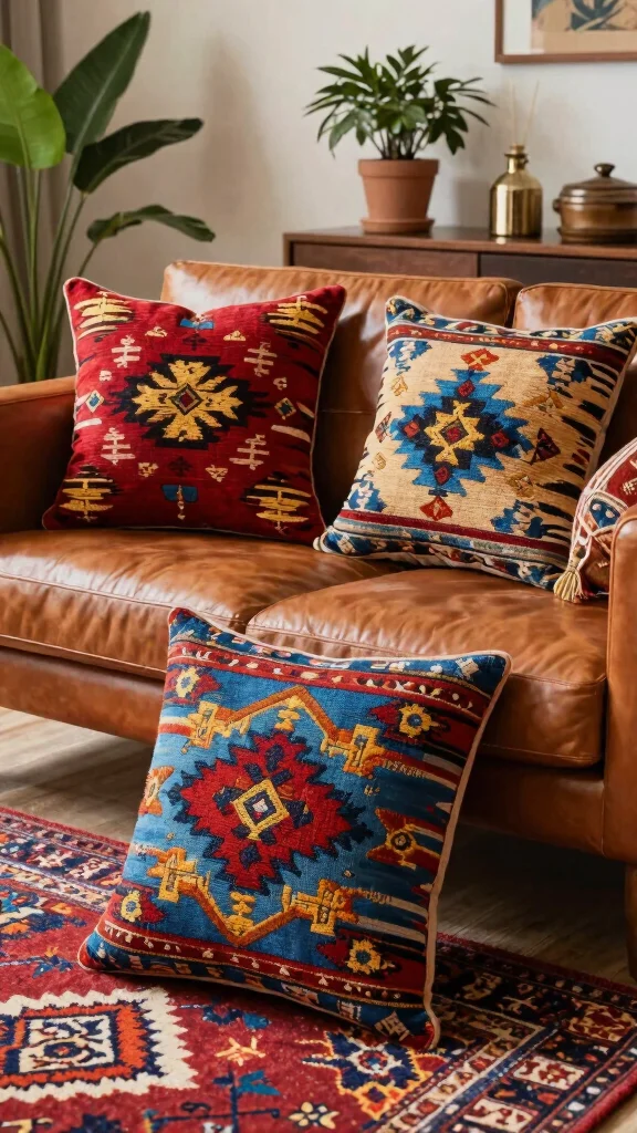 17 Throw Pillows for Leather Couch Ideas That Add Warmth - 5. Colorful Kilim Patterns 1