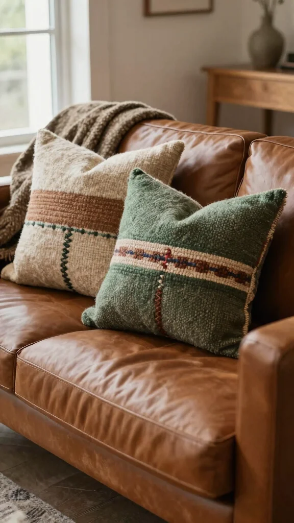 17 Throw Pillows for Leather Couch Ideas That Add Warmth - 6. Handwoven Wool Warmth 1