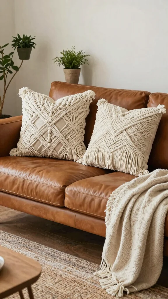 17 Throw Pillows for Leather Couch Ideas That Add Warmth - 7. Artisanal Macrame Accents 1