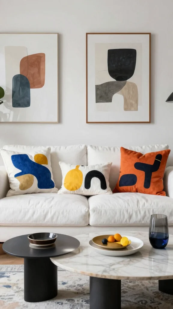 17 Throw Pillows for White Couch Ideas That Feel Fresh - 12. Artistic Abstract Designs 1