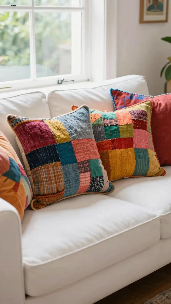 17 Throw Pillows for White Couch Ideas That Feel Fresh - 16. Upcycled Fabric Pillows 1