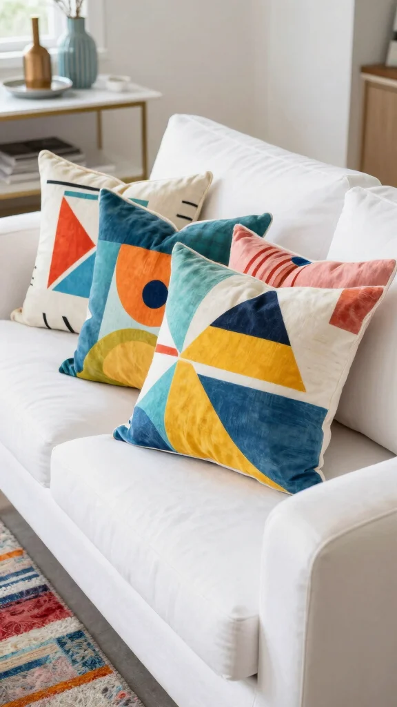 17 Throw Pillows for White Couch Ideas That Feel Fresh - 2. Bold Geometric Patterns 1