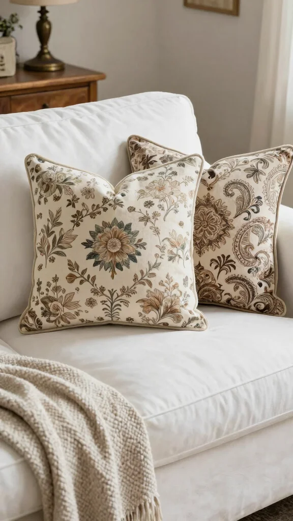 17 Throw Pillows for White Couch Ideas That Feel Fresh - 4. Vintage-Inspired Prints 1