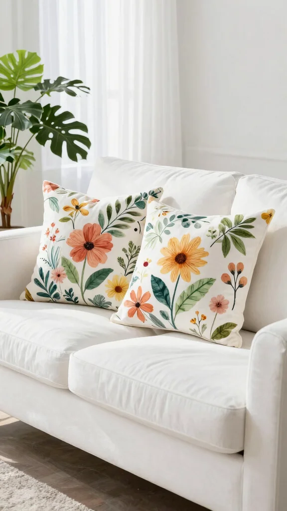 17 Throw Pillows for White Couch Ideas That Feel Fresh - 7. Floral Motif Accents 1