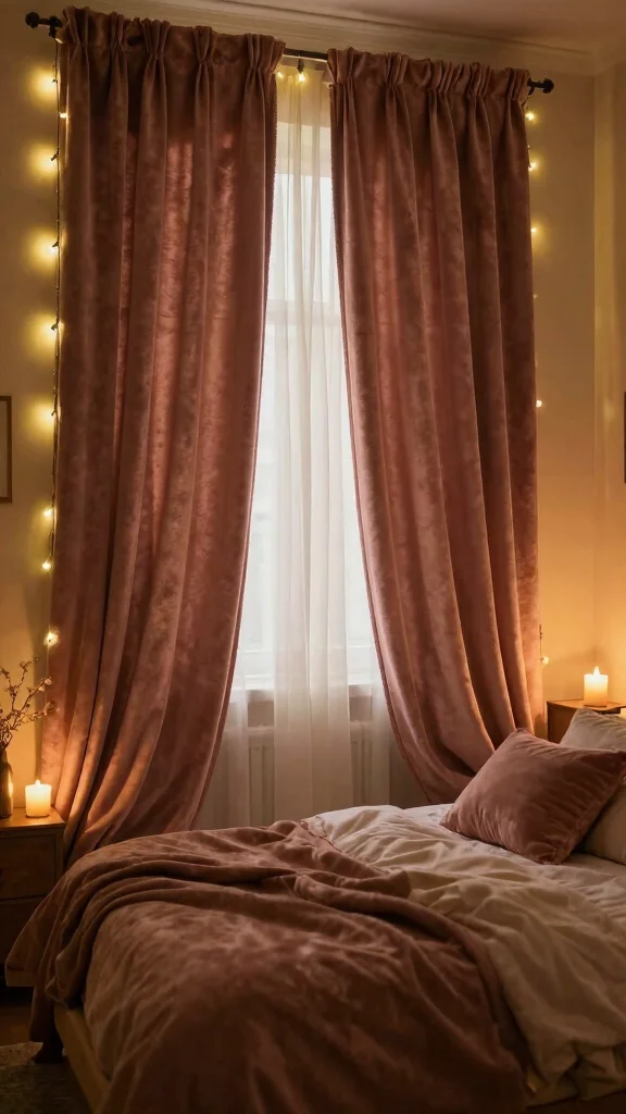 17 Velvet Curtains Bedroom Ideas for a Soft Glam Upgrade - 14. Romantic Lighting with Velvet 1