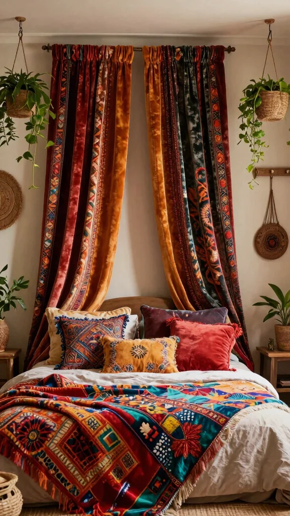17 Velvet Curtains Bedroom Ideas for a Soft Glam Upgrade - 7. Bohemian Flair 1