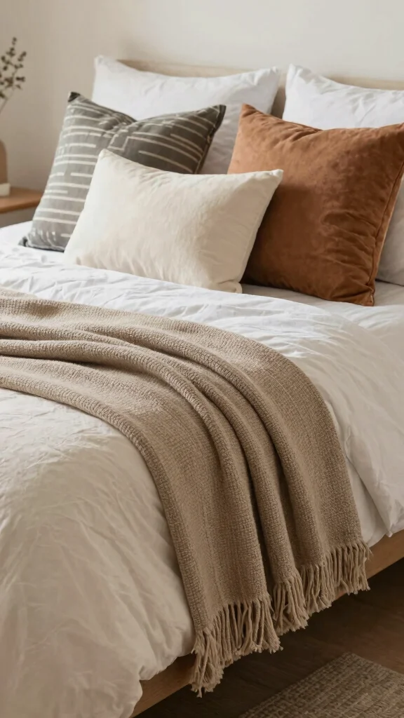 18 Bed with Throw Pillows Ideas for a Cozy Layered Look - 14. Layering with Throws 1