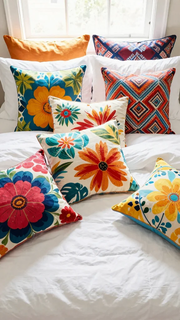 18 Bed with Throw Pillows Ideas for a Cozy Layered Look - 3. Embrace Bold Patterns 1
