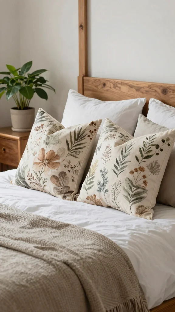 18 Bed with Throw Pillows Ideas for a Cozy Layered Look - 7. Nature-Inspired Themes 1