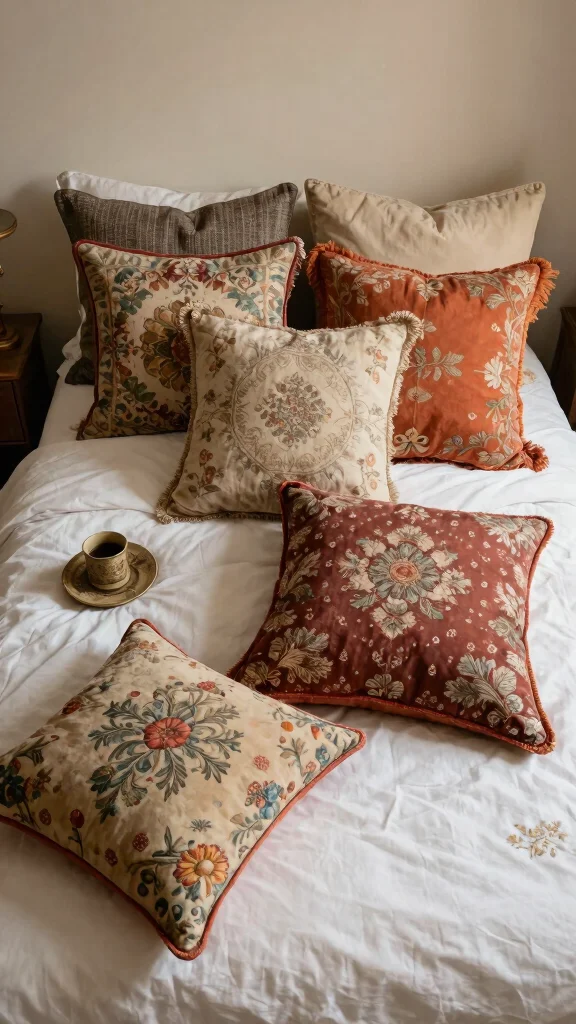 18 Bed with Throw Pillows Ideas for a Cozy Layered Look - 8. Vintage Finds 1