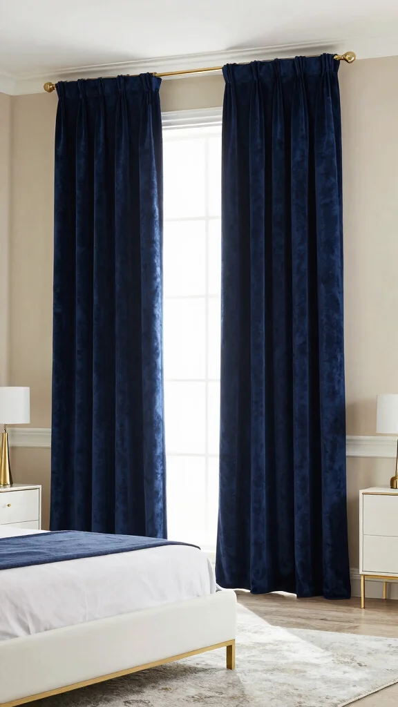 18 Blue Velvet Curtains Bedroom Ideas for a Luxe Look - 1. Deep Navy Drama 1