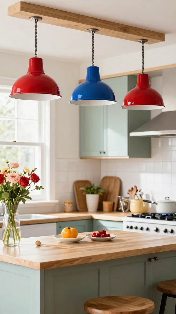 18 Farmhouse Lighting Fixtures Ideas for Rustic Charm - 11. Colorful Enamel Shades 1