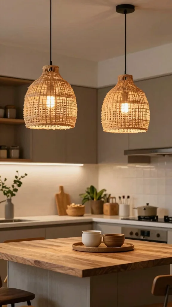 18 Farmhouse Lighting Fixtures Ideas for Rustic Charm - 9. Stylish Pendant Lights with Natural Textures 1