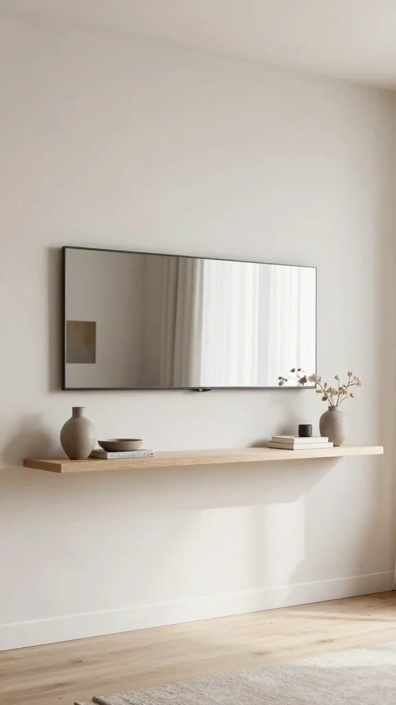 18 Horizontal Mirrors on Wall Ideas for a Wider Look - 11. Floating Shelves with Mirrors 1