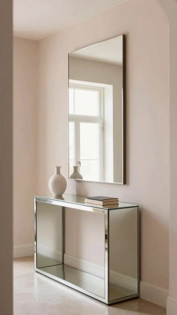 18 Horizontal Mirrors on Wall Ideas for a Wider Look - 3. Mirrored Console Table 1
