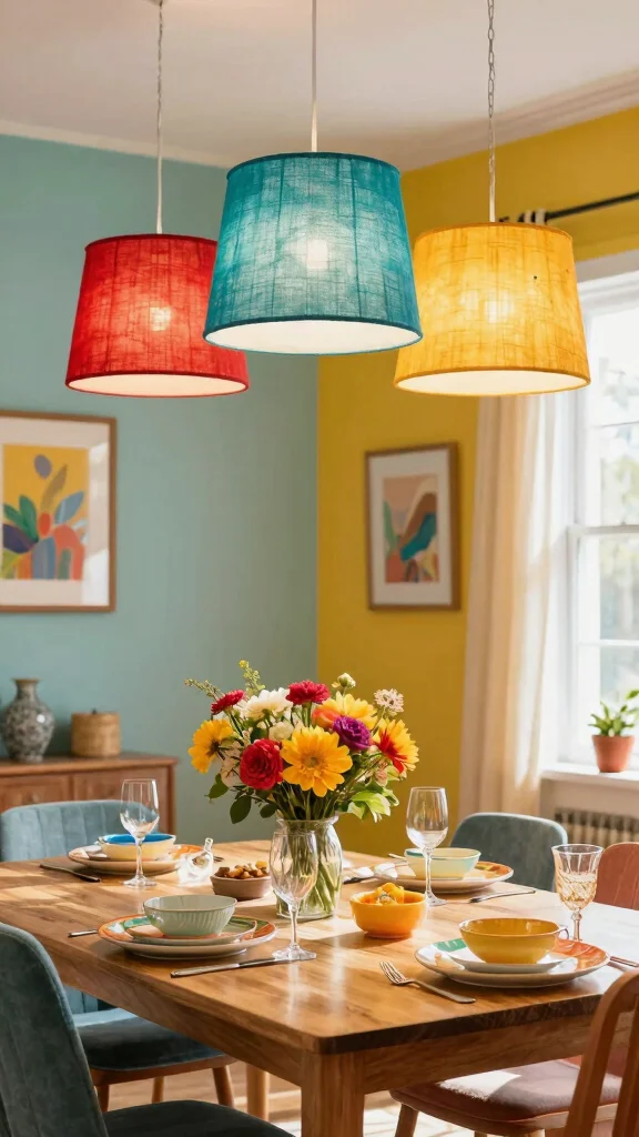 18 Lighting Fixtures Dining Room Ideas That Make a Statement - 9. Colorful Fabric Shade Lights 1