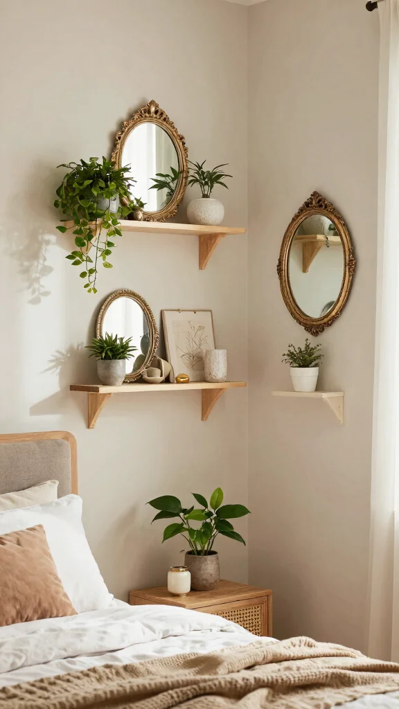18 Mirrors in Bedroom Wall Ideas for a Chic Upgrade - 17. Decorative Mirror Shelves 1