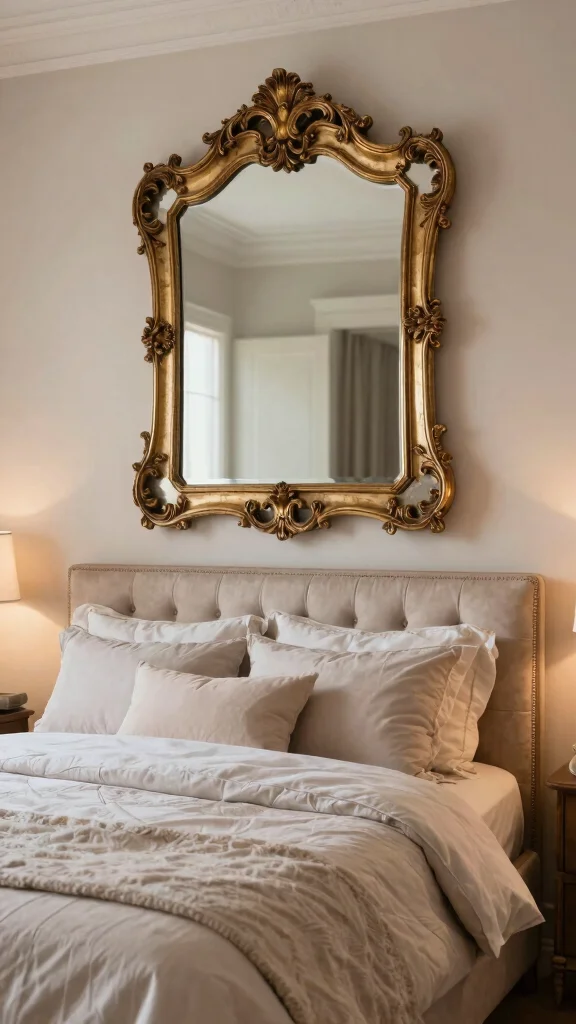 18 Mirrors in Bedroom Wall Ideas for a Chic Upgrade - 2. Vintage Ornate Mirror Above the Bed 1