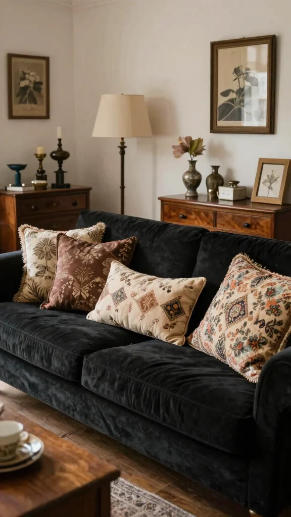 18 Throw Pillows for Black Couch Ideas for Chic Contrast - 12. Vintage Finds 1
