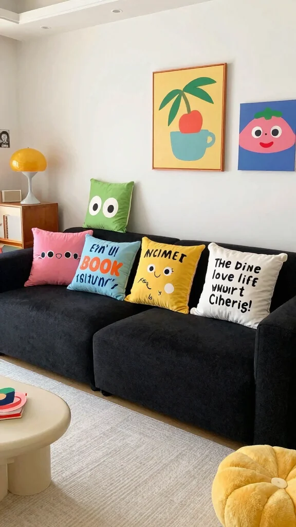 18 Throw Pillows for Black Couch Ideas for Chic Contrast - 14. Whimsical Accents 1