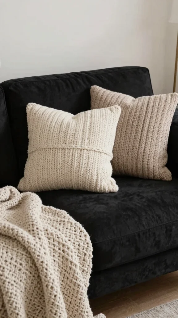 18 Throw Pillows for Black Couch Ideas for Chic Contrast - 15. Cozy Knit and Crochet 1