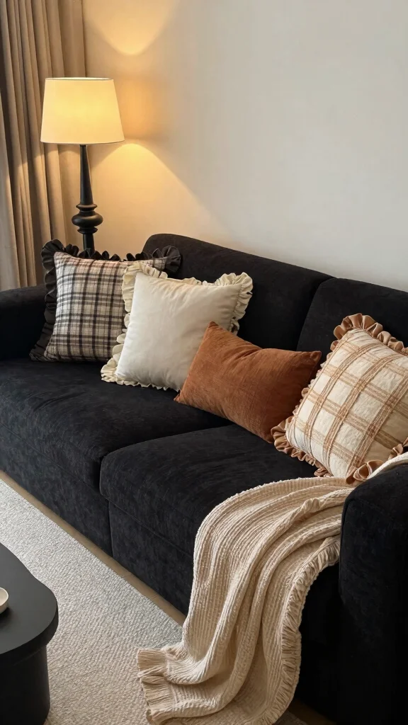 18 Throw Pillows for Black Couch Ideas for Chic Contrast - 17. Textured Ruffles 1