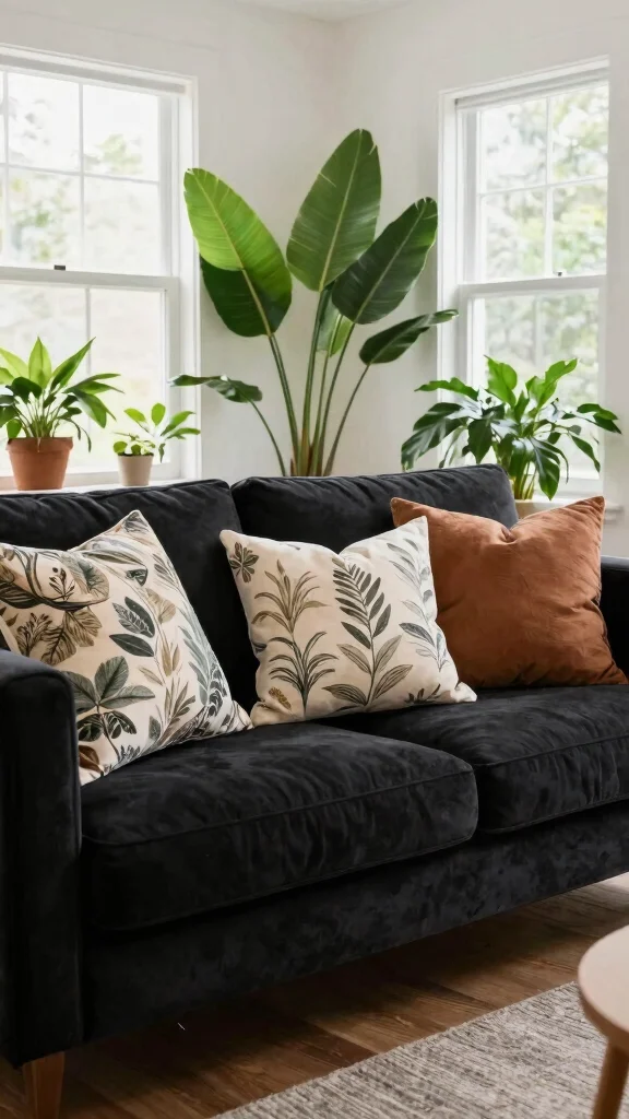 18 Throw Pillows for Black Couch Ideas for Chic Contrast - 6. Nature-Inspired Designs 1