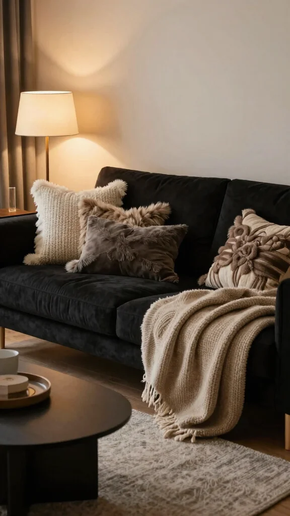 18 Throw Pillows for Black Couch Ideas for Chic Contrast - 7. Layered Textures 1