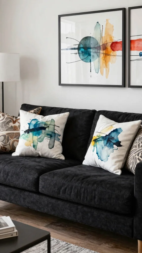 18 Throw Pillows for Black Couch Ideas for Chic Contrast - 9. Artistic Flair 1